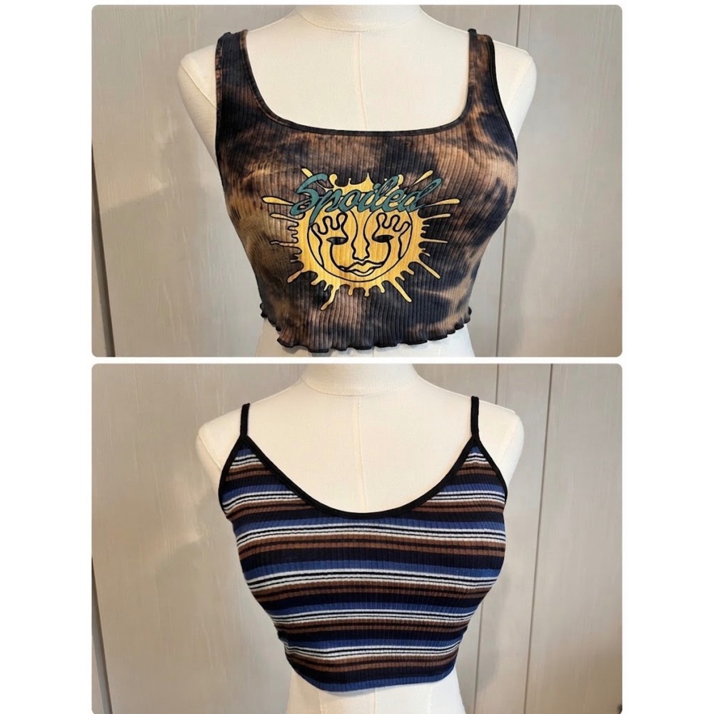 Lot of 2 Crop Tops Sun Graphic & Striped Spaghetti Strap, XS